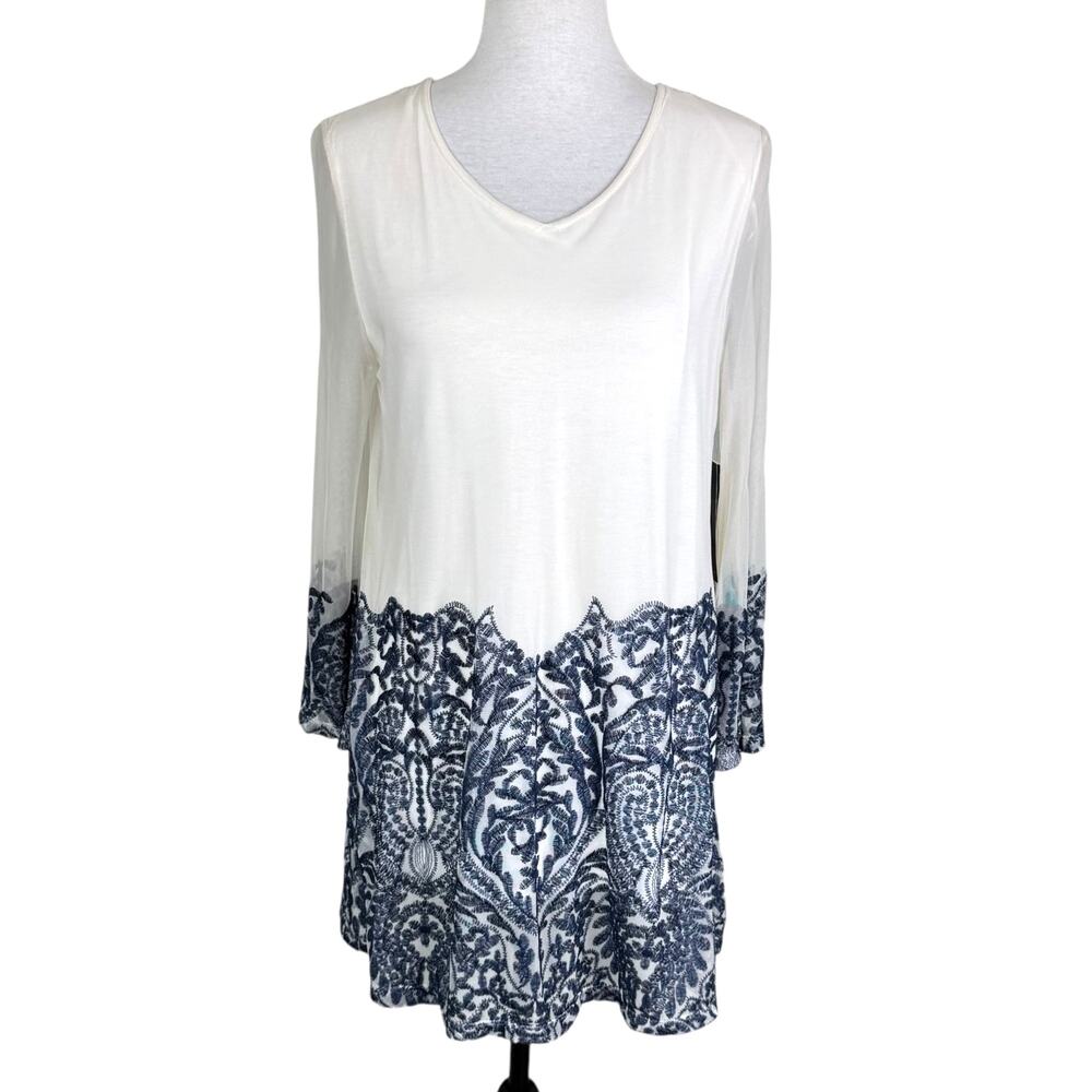 Ali Miles NWT White Mesh Overlay Navy Embroidered Long Sleeve Boho Tunic Top